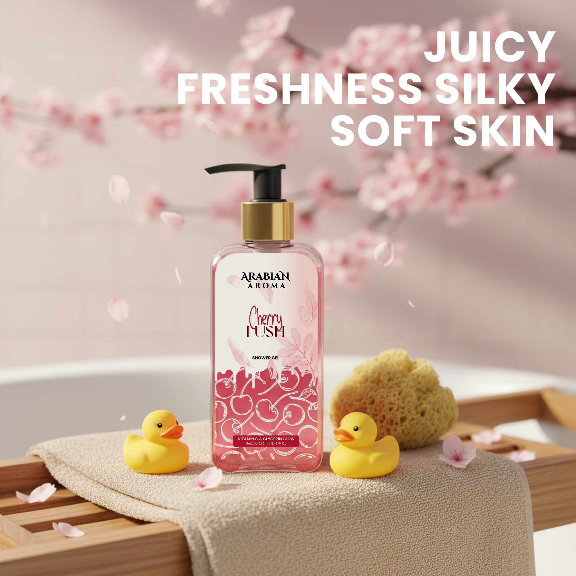 Bottle of Arabian Aroma Cherry Lush soap with cherry blossoms and bath items on a wooden surface.