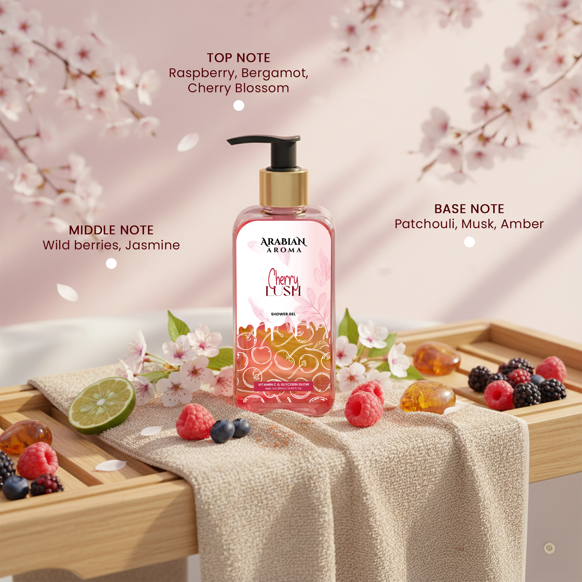 Bottle of Arabian Aroma Cherry Flush with cherry blossoms and berries on a pink background