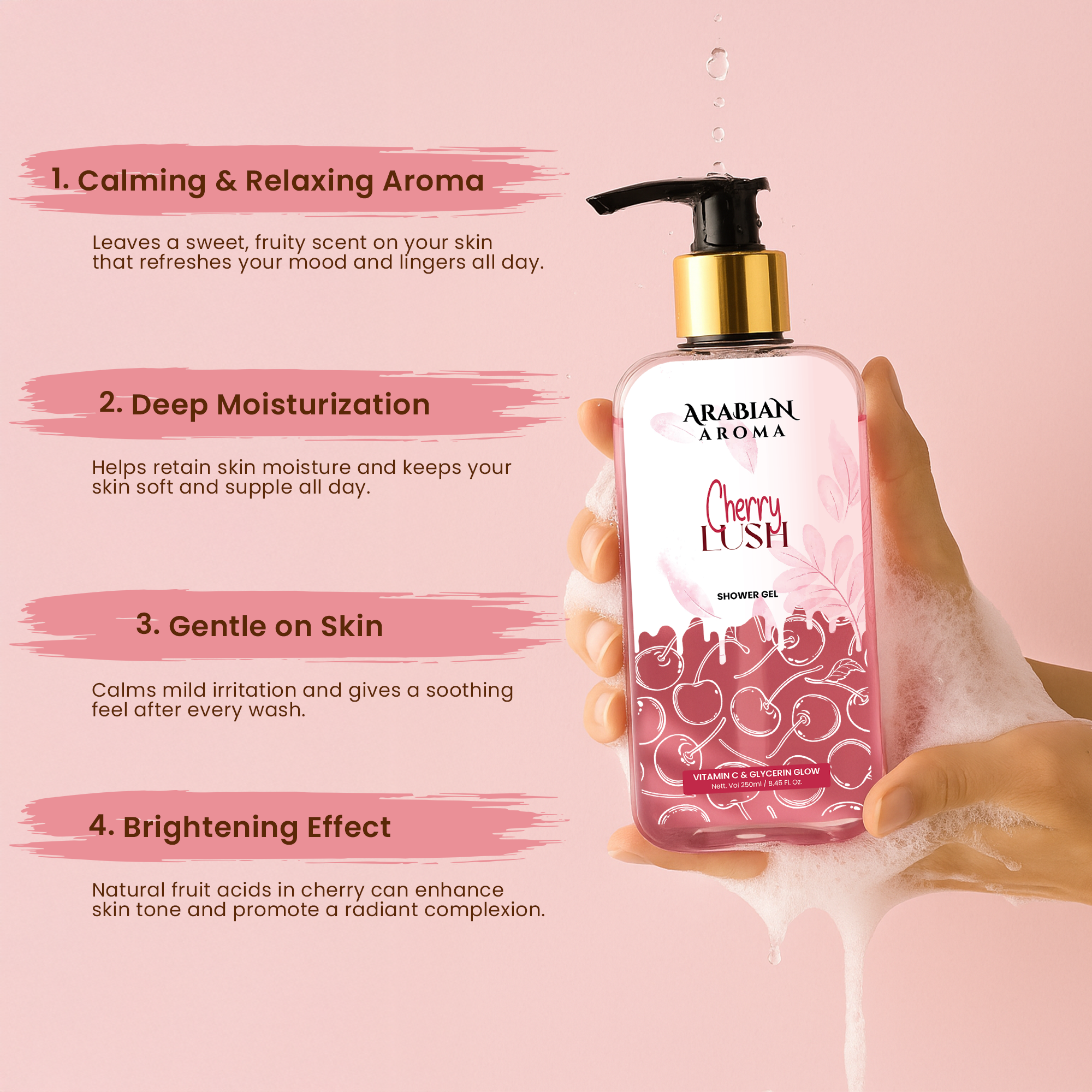 Hand holding a bottle of Arabian Aroma Cherry Nusm shower gel with product features listed on a pink background.