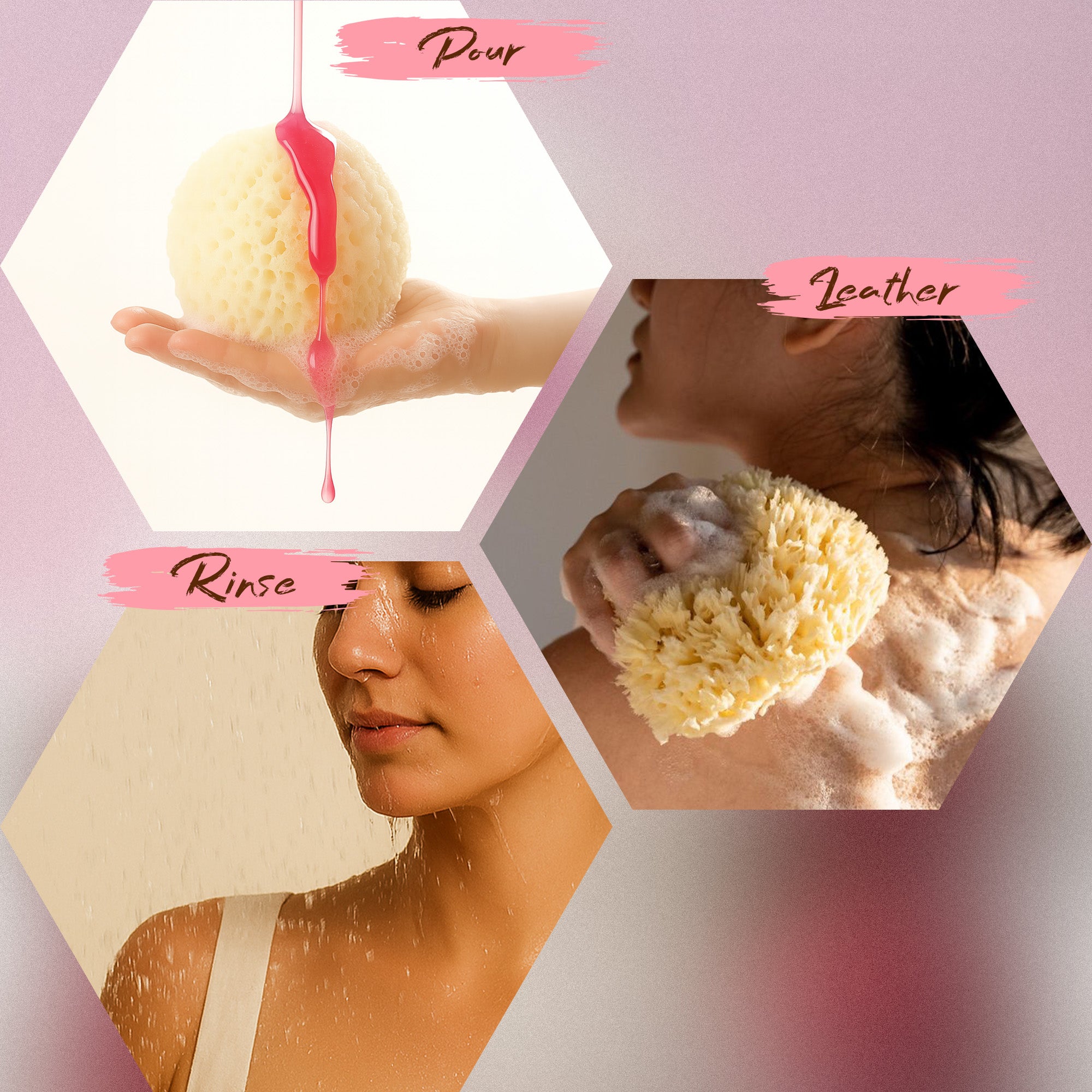 Collage of a person using a bath bomb with text labels on a pink background
