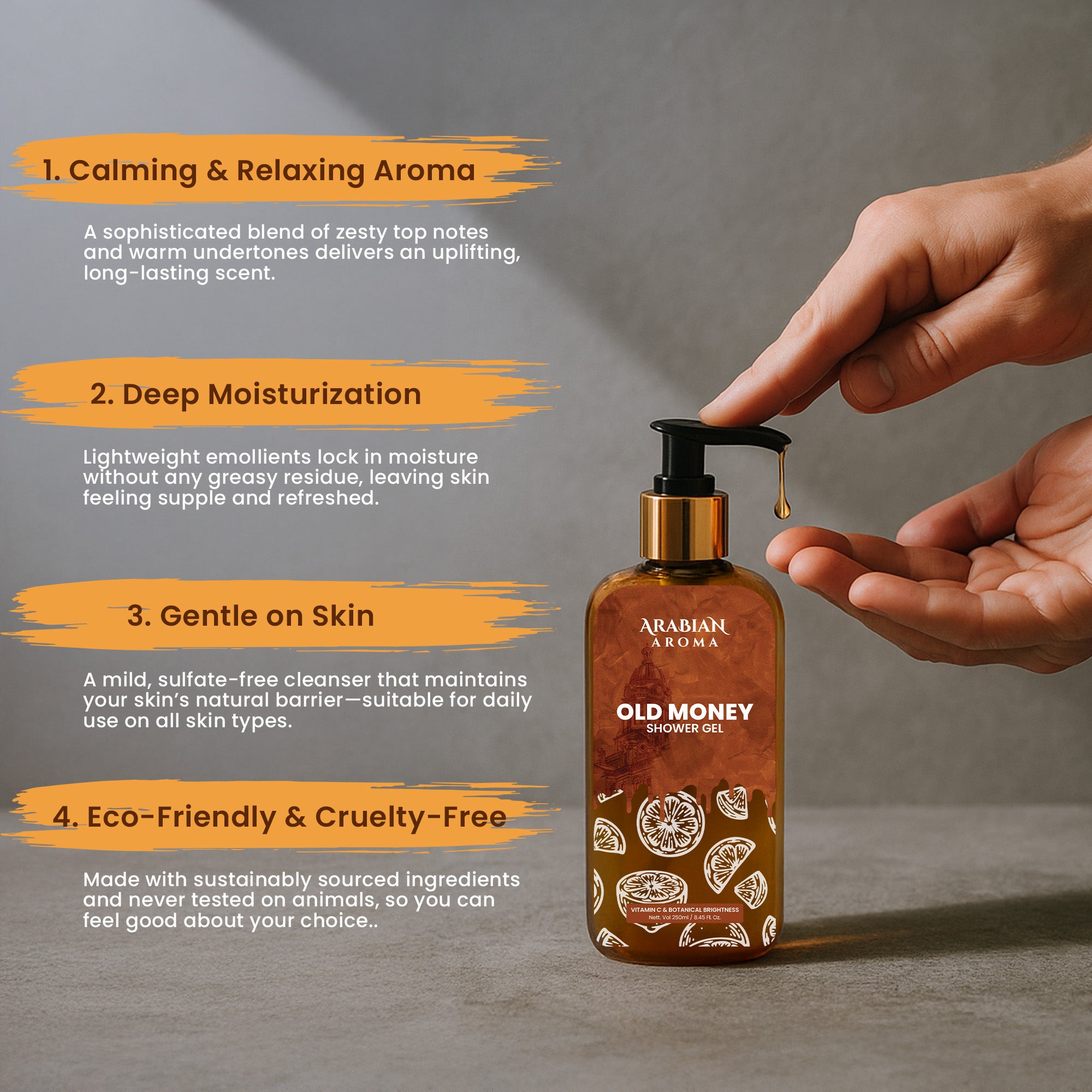 Hand holding a bottle of Arabian Aroma Old Money shower gel with product features listed.