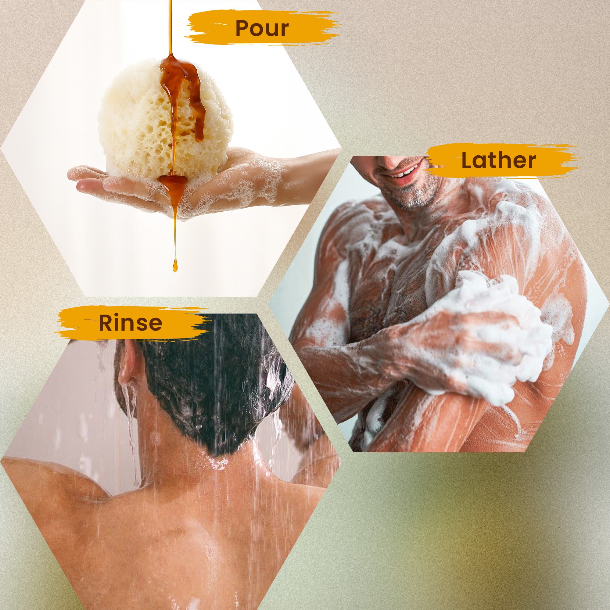 Steps of a shower routine with soap, sponge, and person washing themselves.