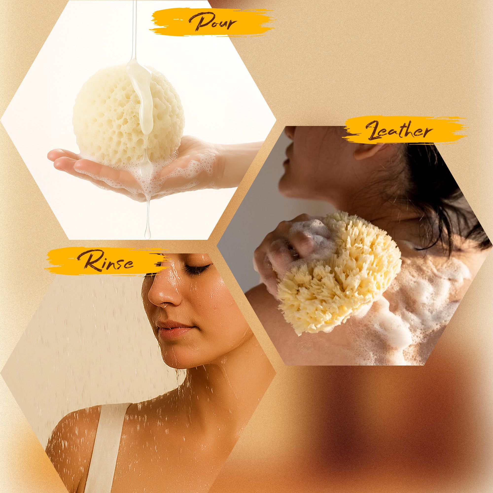 Collage of a person using a natural sponge for cleaning, with text labels 'Pour', 'Lather', and 'Rinse'.