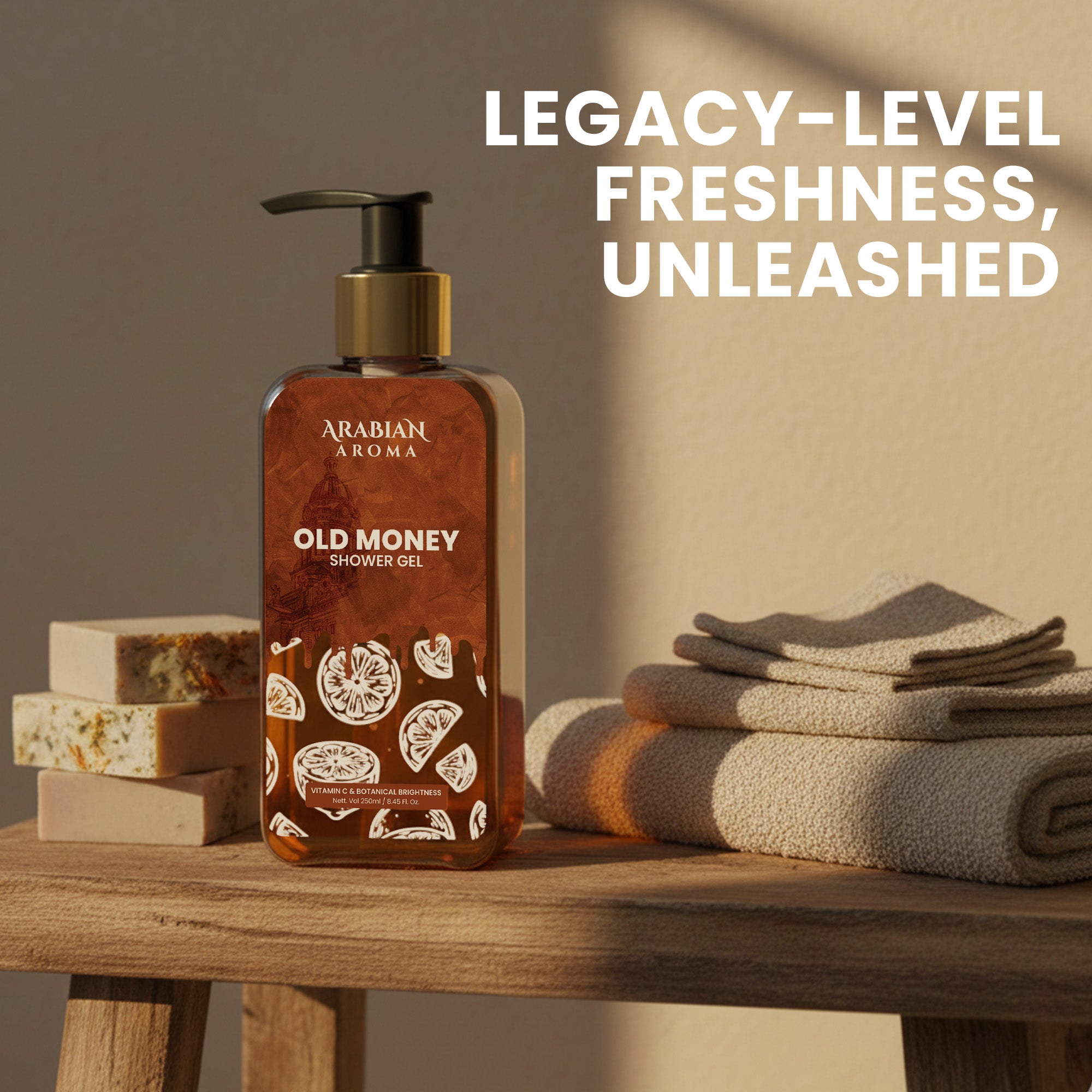Shower gel bottle labeled 'Old Money' by Arabian Aroma on a wooden table with towels and soap bars.