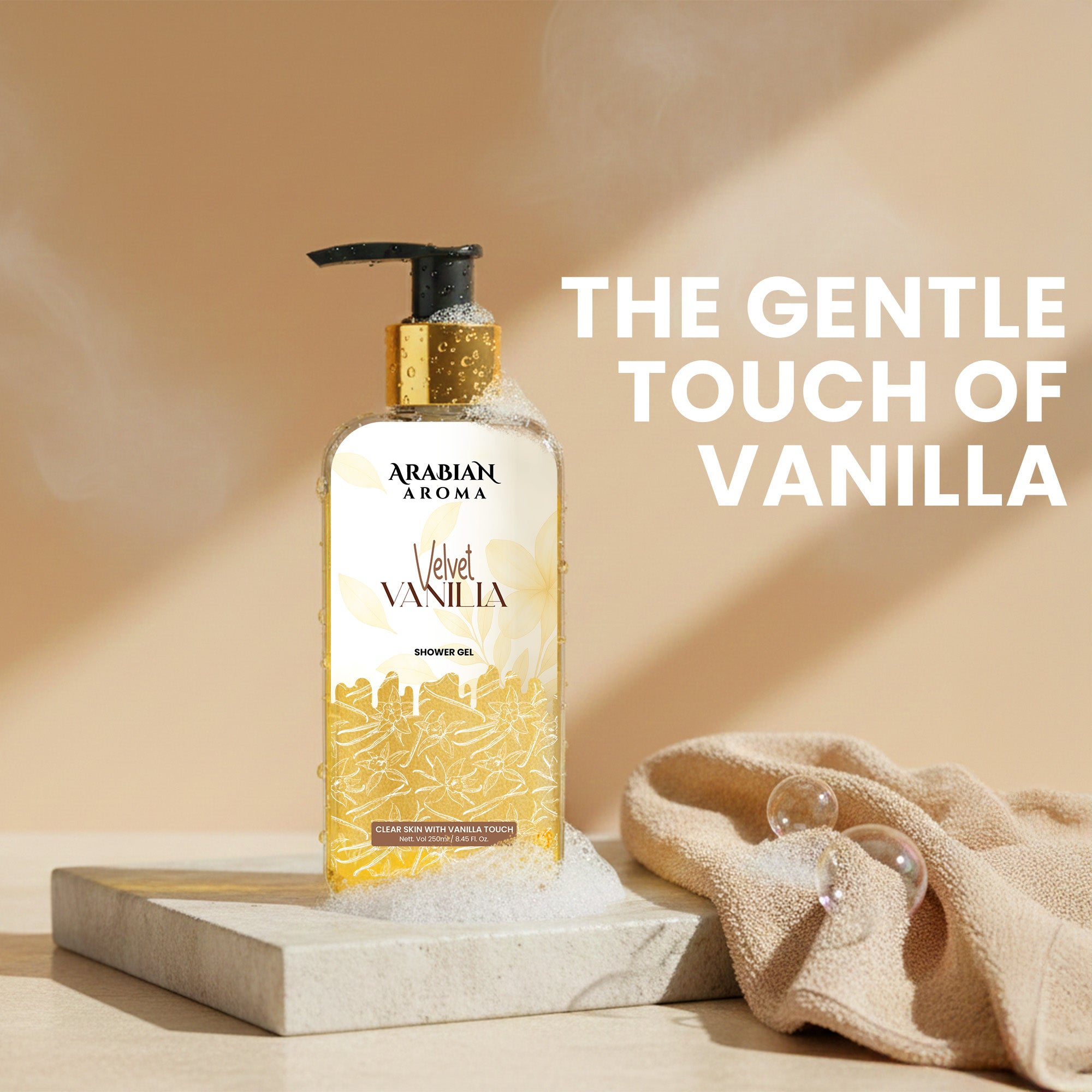Bottle of Arabian Aroma Velvet Vanilla shower gel with a towel and bubbles on a beige background
