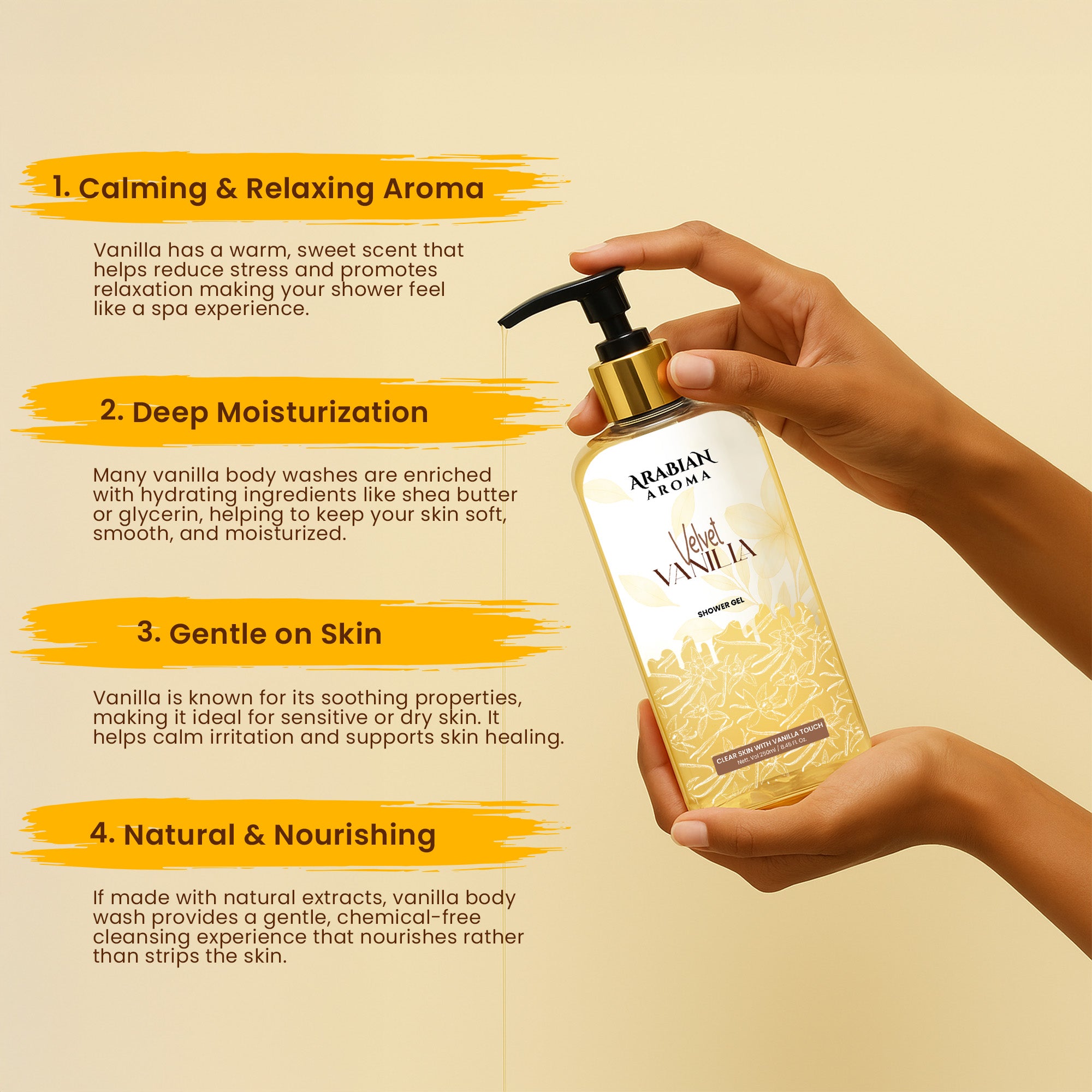 Hand holding a bottle of Arabian Vanilla body wash with product features listed on a beige background